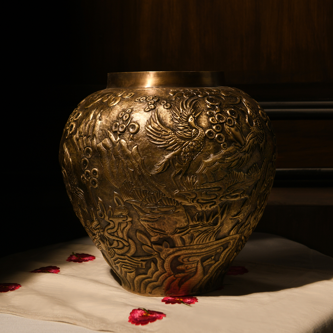 Byaas | Sculpted Crane Repoussé Heirloom Vase, Brass
