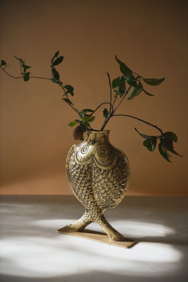 Twin Fish Repoussé Burnished Brass Vase
