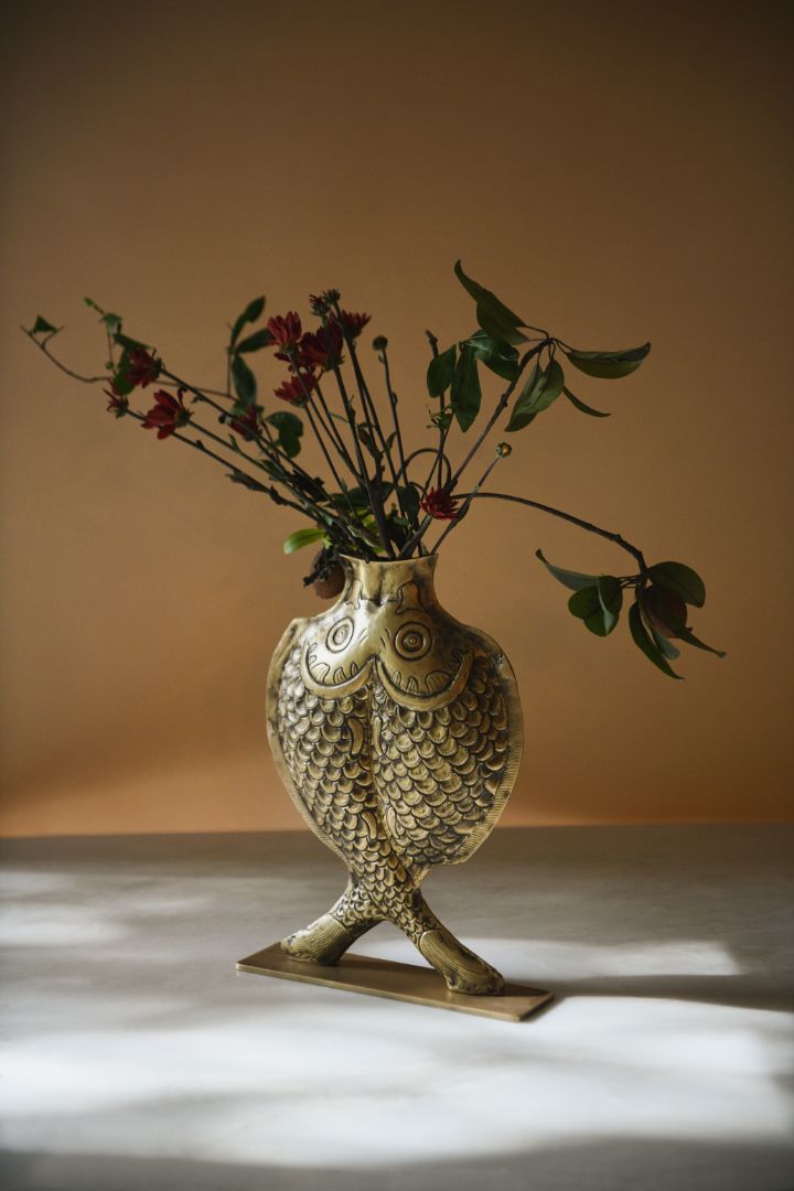 Twin Fish Repoussé Burnished Brass Vase
