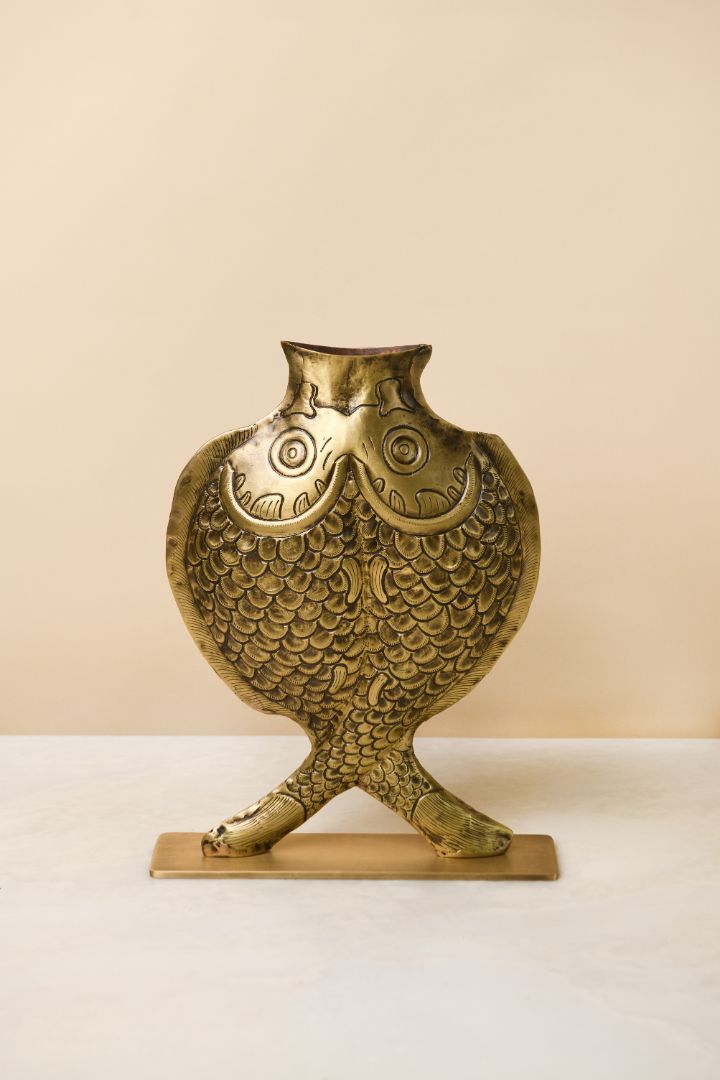 Twin Fish Repoussé Burnished Brass Vase