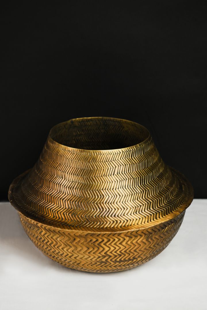 Chevron Weave Repoussé Burnished Brass Statement Vase