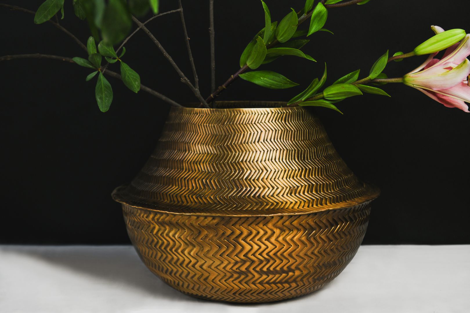 Chevron Weave Repoussé Burnished Brass Statement Vase