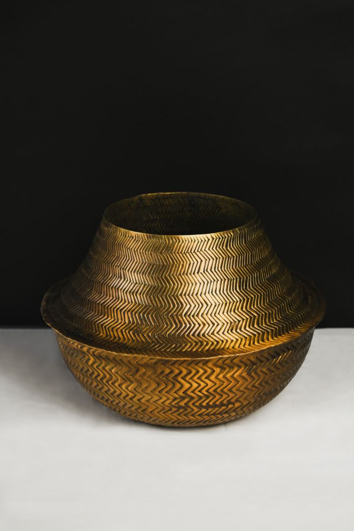 Chevron Weave Repoussé Burnished Brass Statement Vase