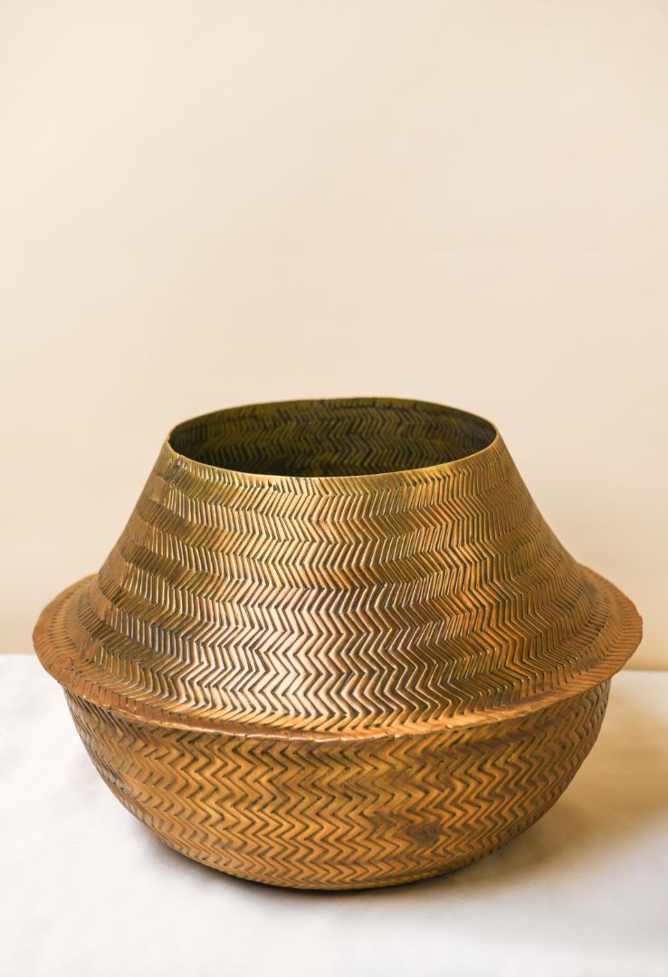 Chevron Weave Repoussé Burnished Brass Statement Vase
