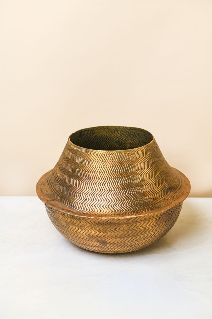 Chevron Weave Repoussé Burnished Brass Statement Vase