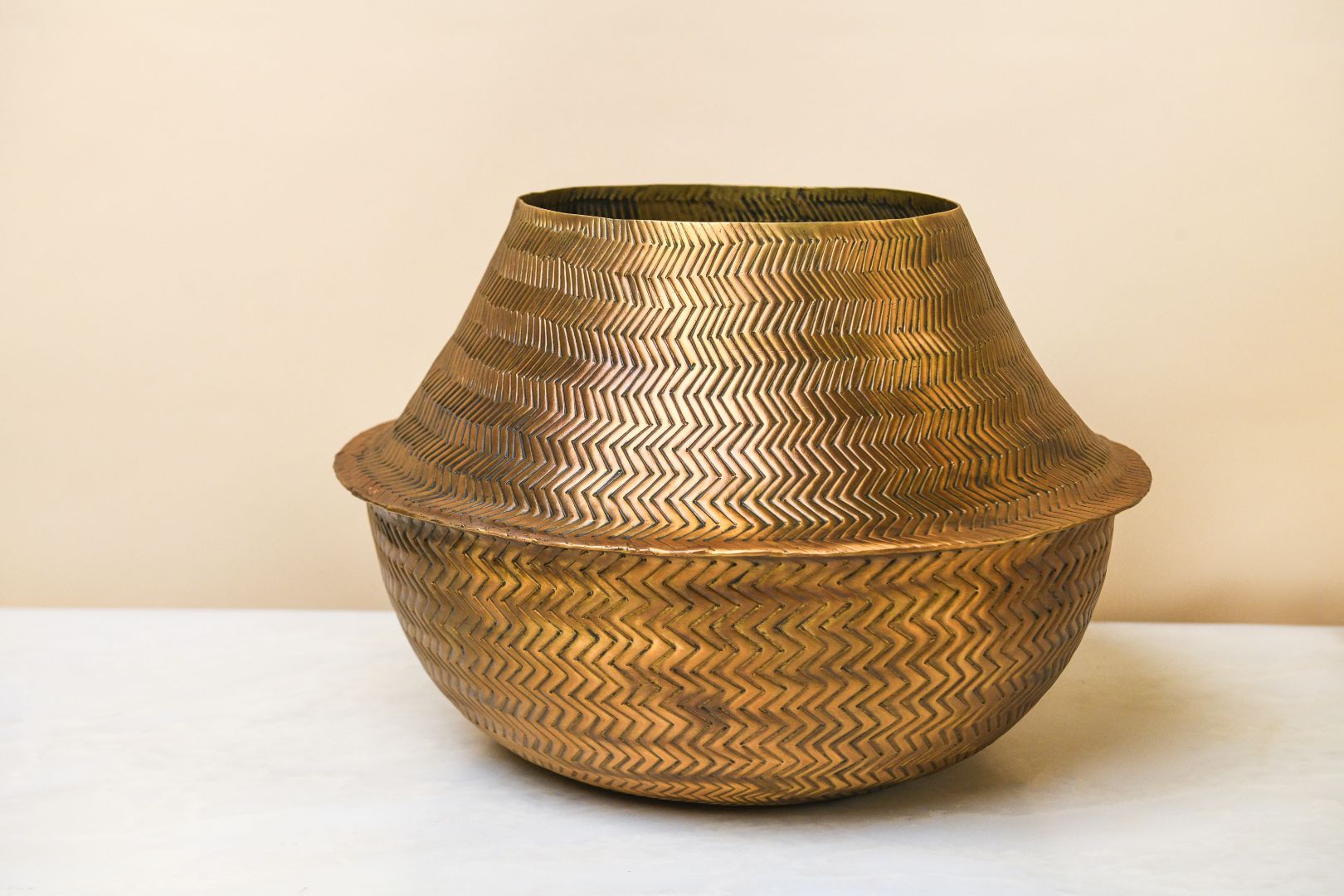 Chevron Weave Repoussé Burnished Brass Statement Vase