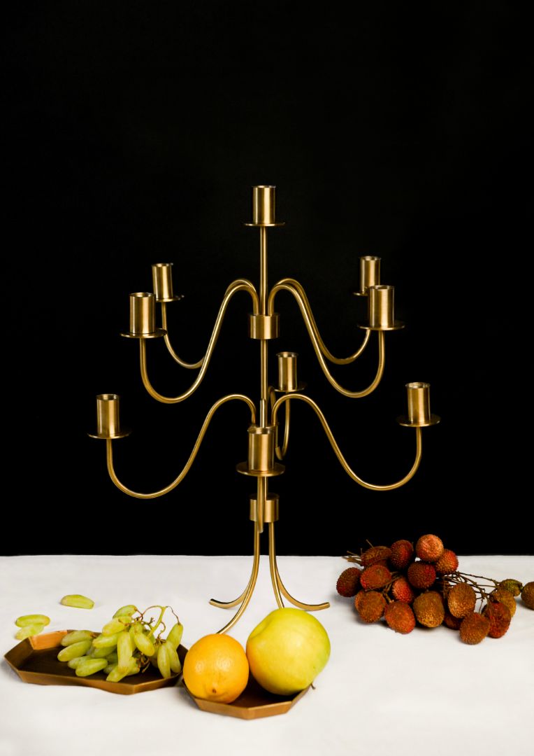 Cascading Nine-Arm Brushed Brass Candelabra