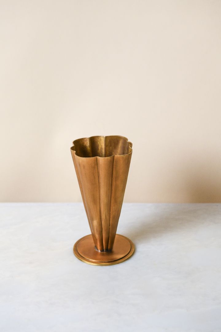 Fluted Brass Cone Vase with Scalloped Rim