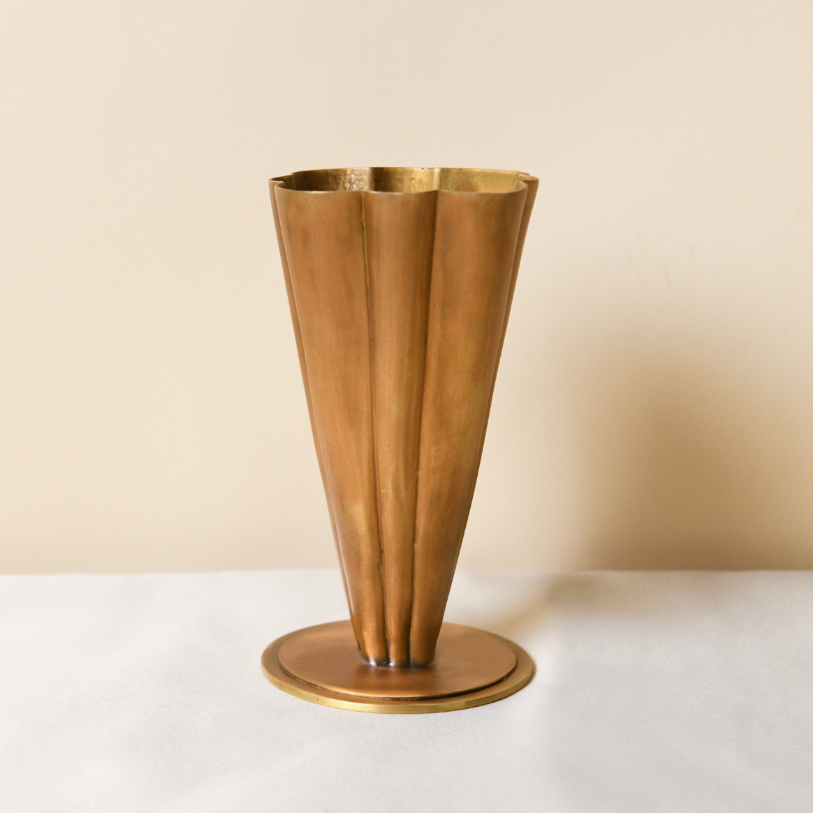 Fluted Brass Cone Vase with Scalloped Rim