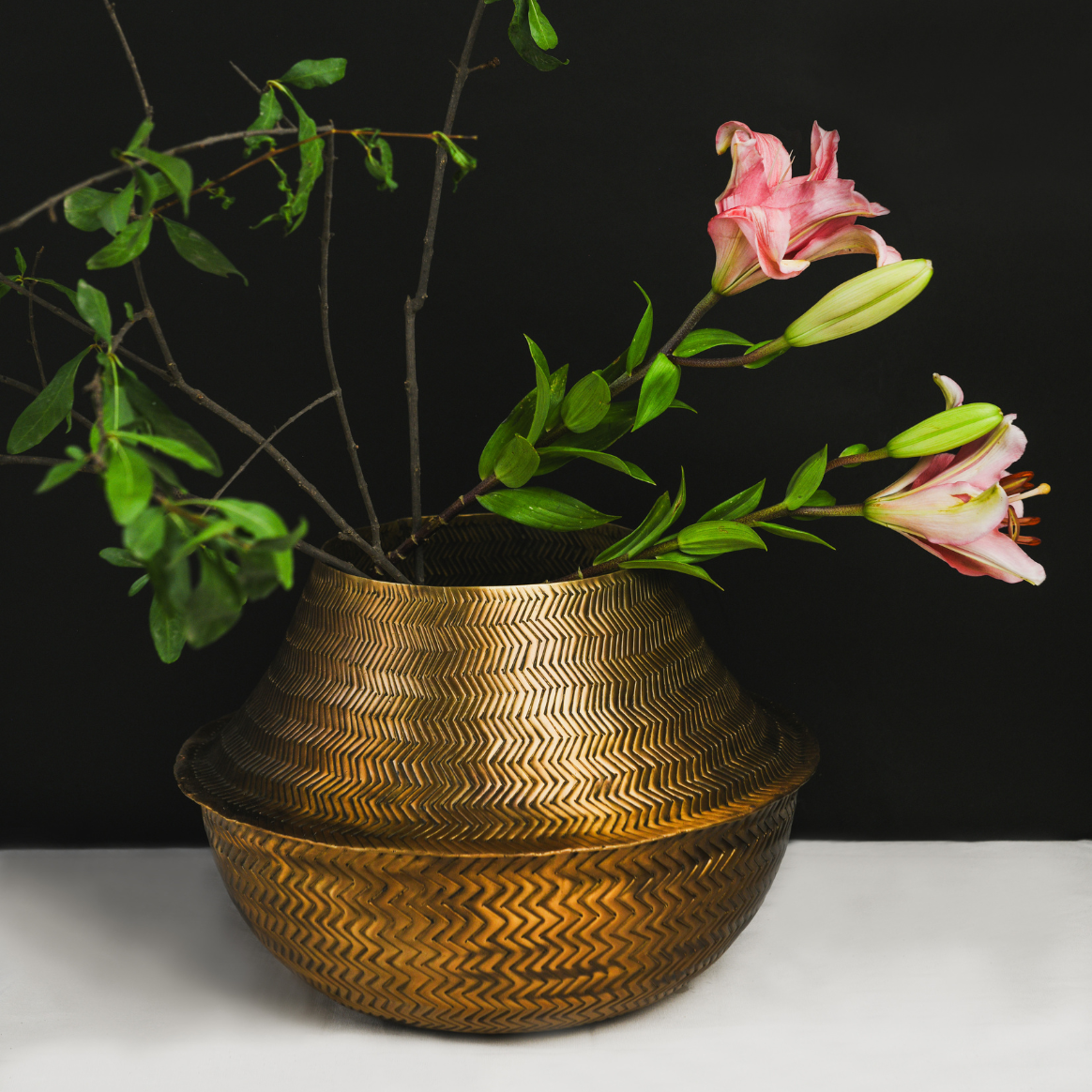 Chevron Weave Repoussé Burnished Brass Statement Vase