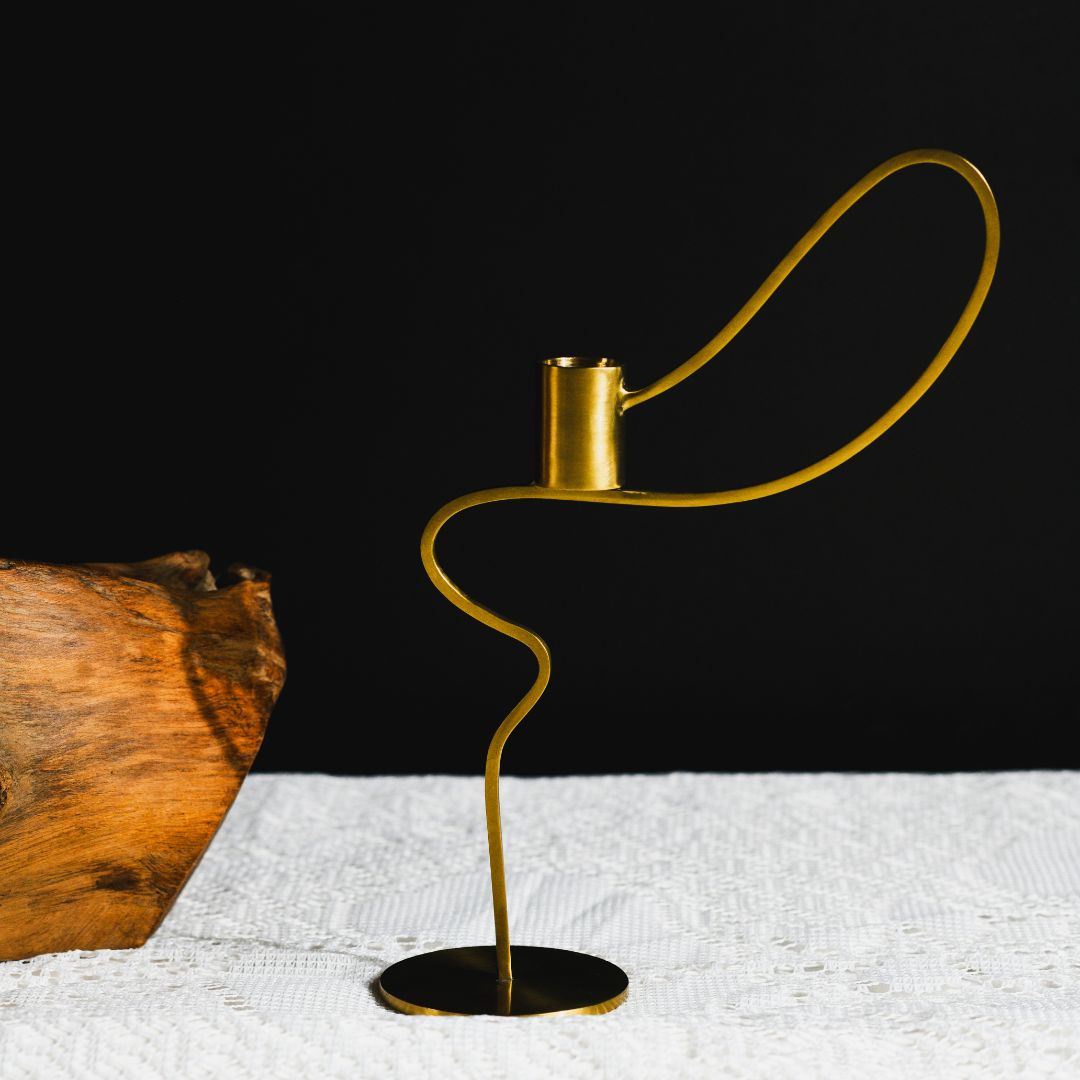 Dancing Ribbon Burnished Brass Taper Candle Holder