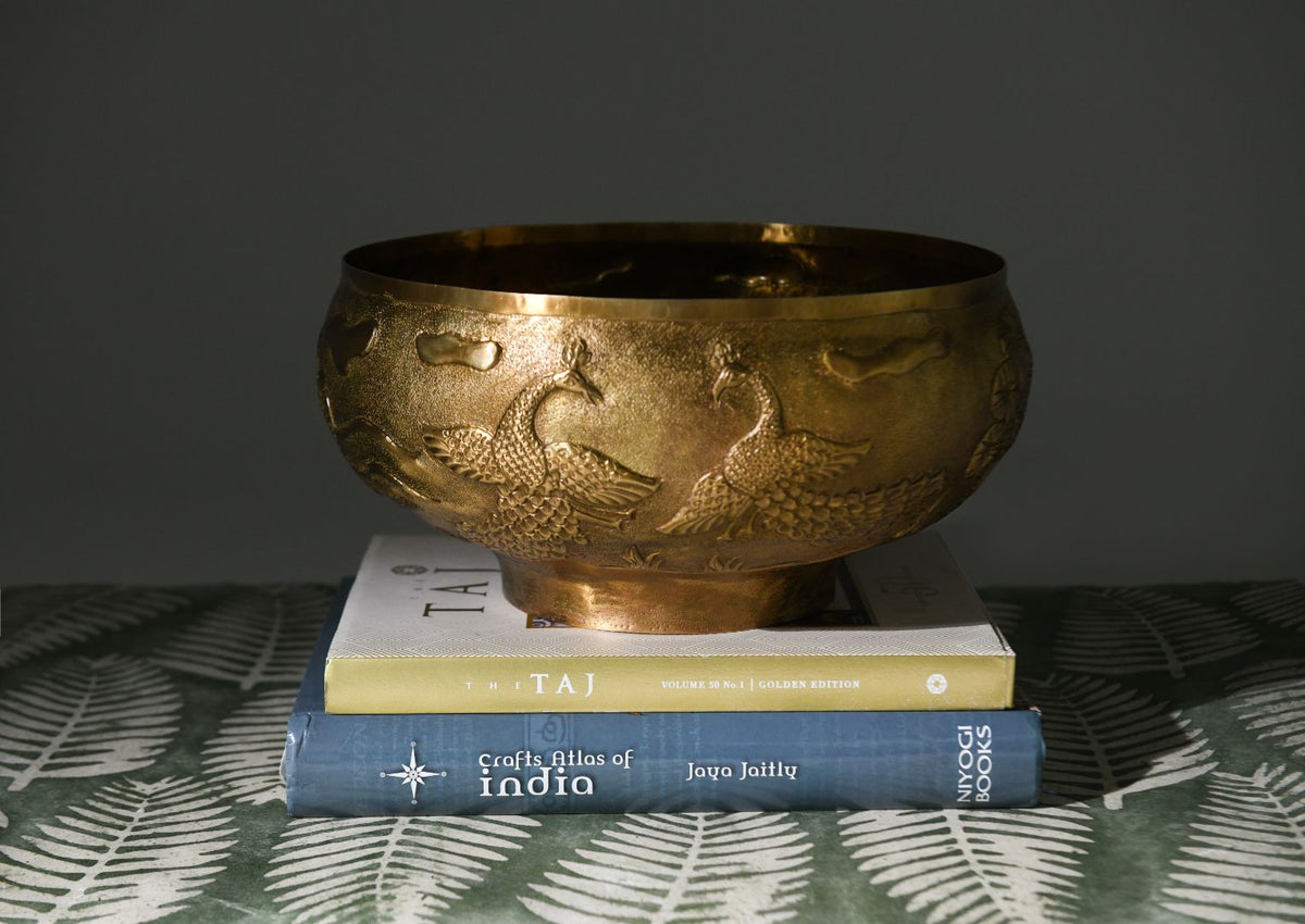 Peacock & Palms Repoussé Solid Brass Heirloom Vase