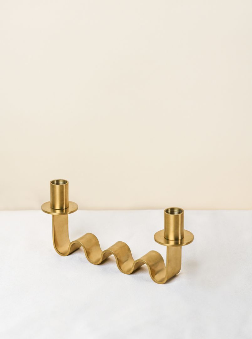 Nastro Wave Brushed Brass Double Taper Candle Holder
