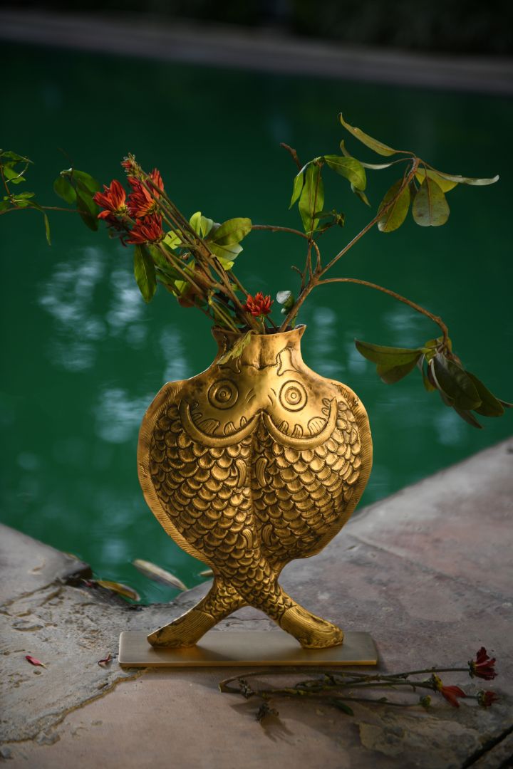 Twin Fish Repoussé Burnished Brass Vase