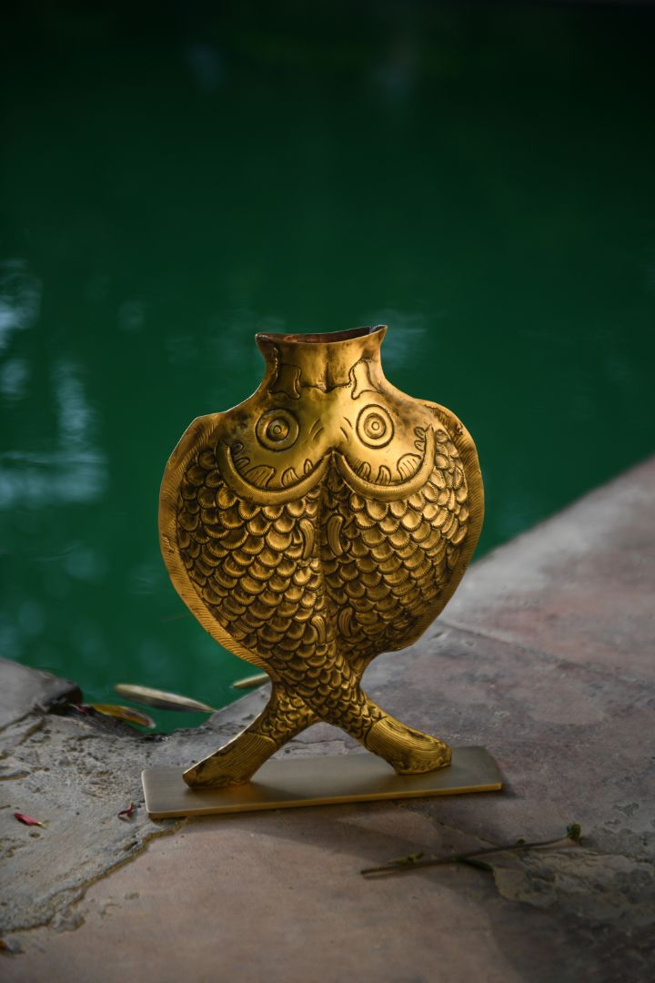 Twin Fish Repoussé Burnished Brass Vase