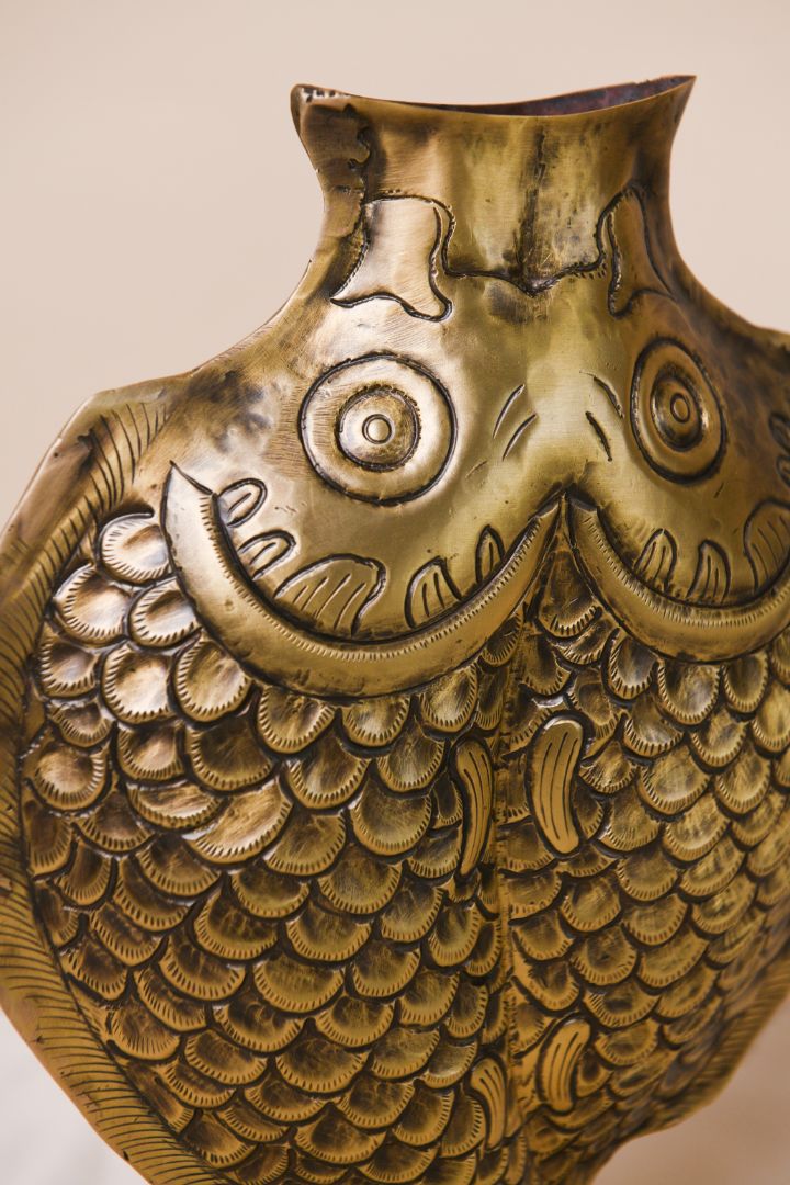 Twin Fish Repoussé Burnished Brass Vase