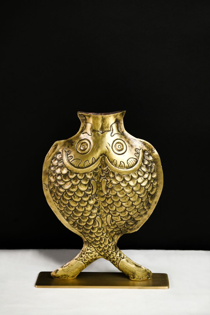 Twin Fish Repoussé Burnished Brass Vase