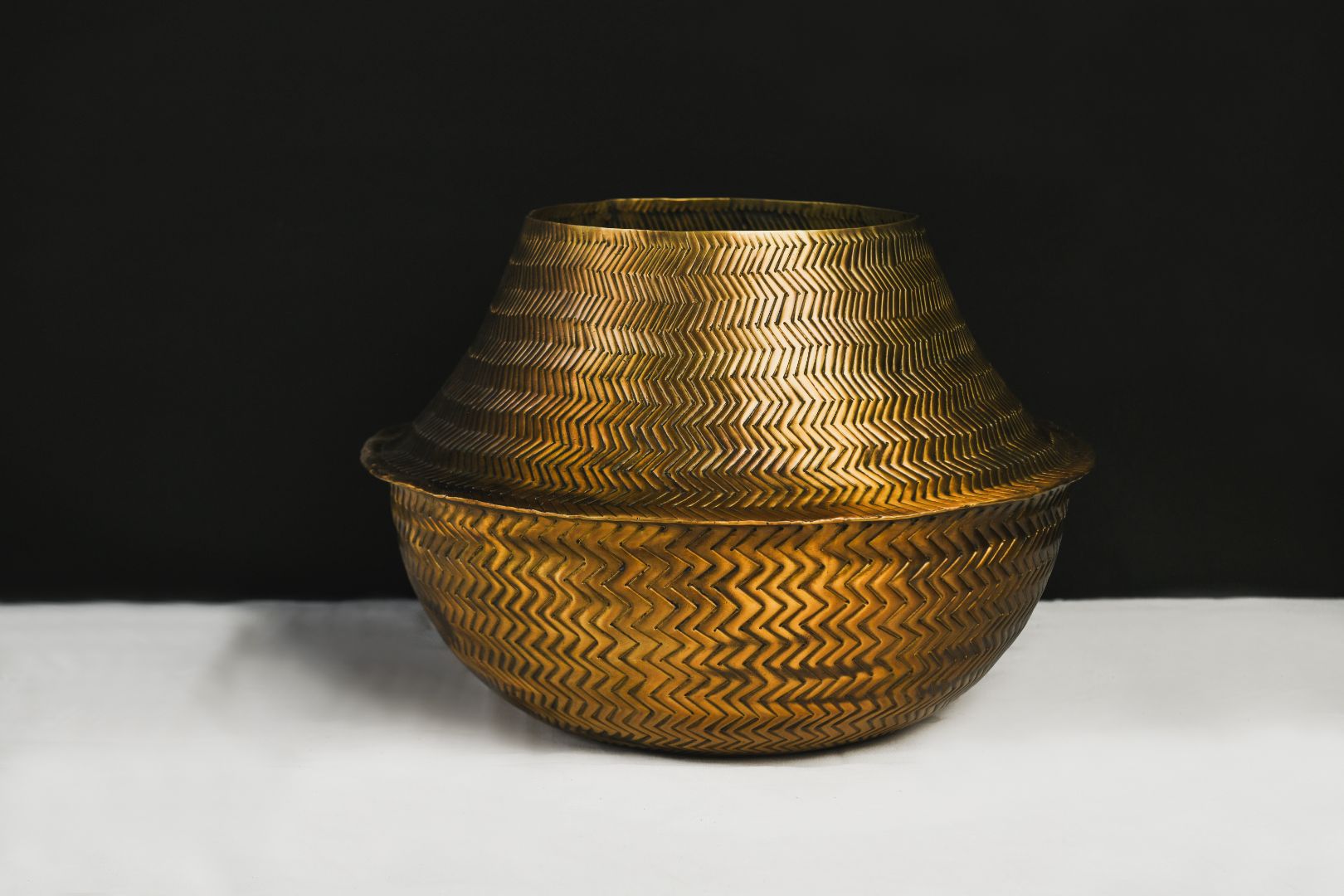 Chevron Weave Repoussé Burnished Brass Statement Vase