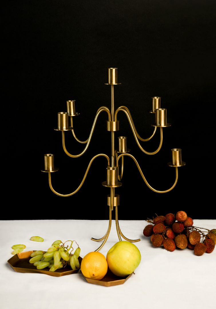 Cascading Nine-Arm Brushed Brass Candelabra