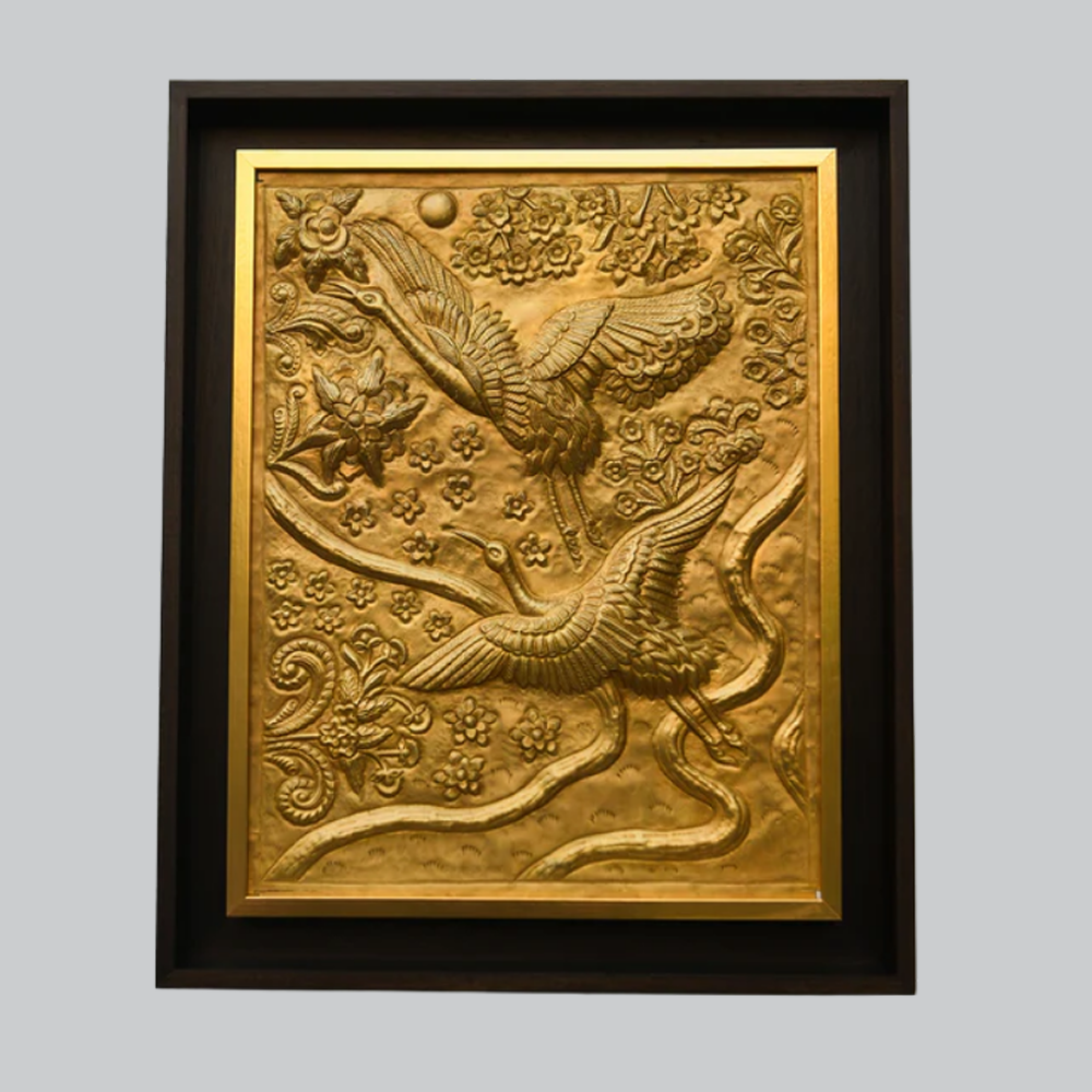 Handcrafted Brass Flying Cranes Wall Art Panel - Metal Nature Wall Decor
