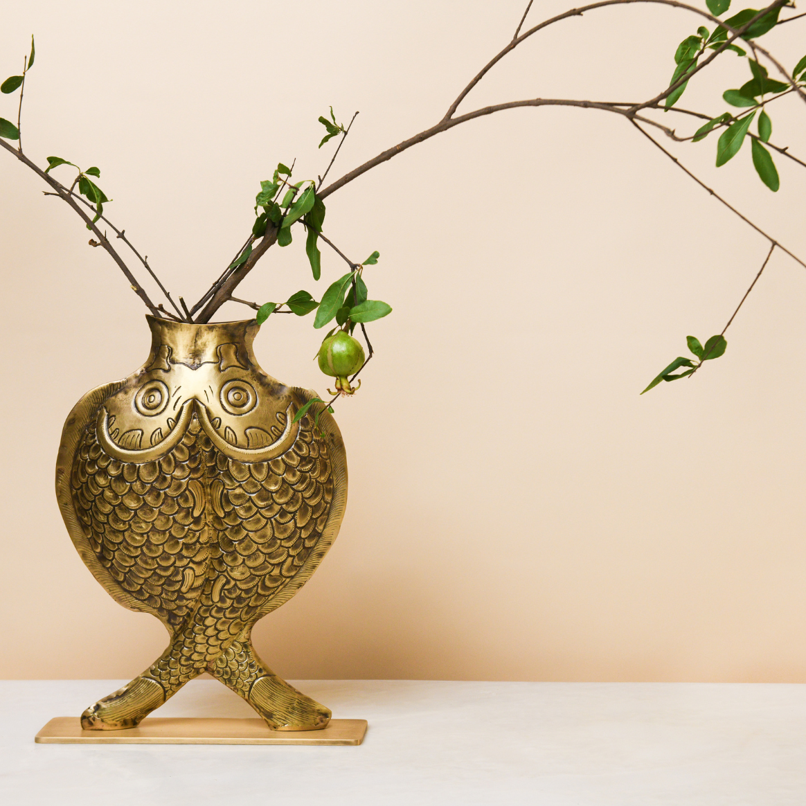 Twin Fish Repoussé Burnished Brass Vase